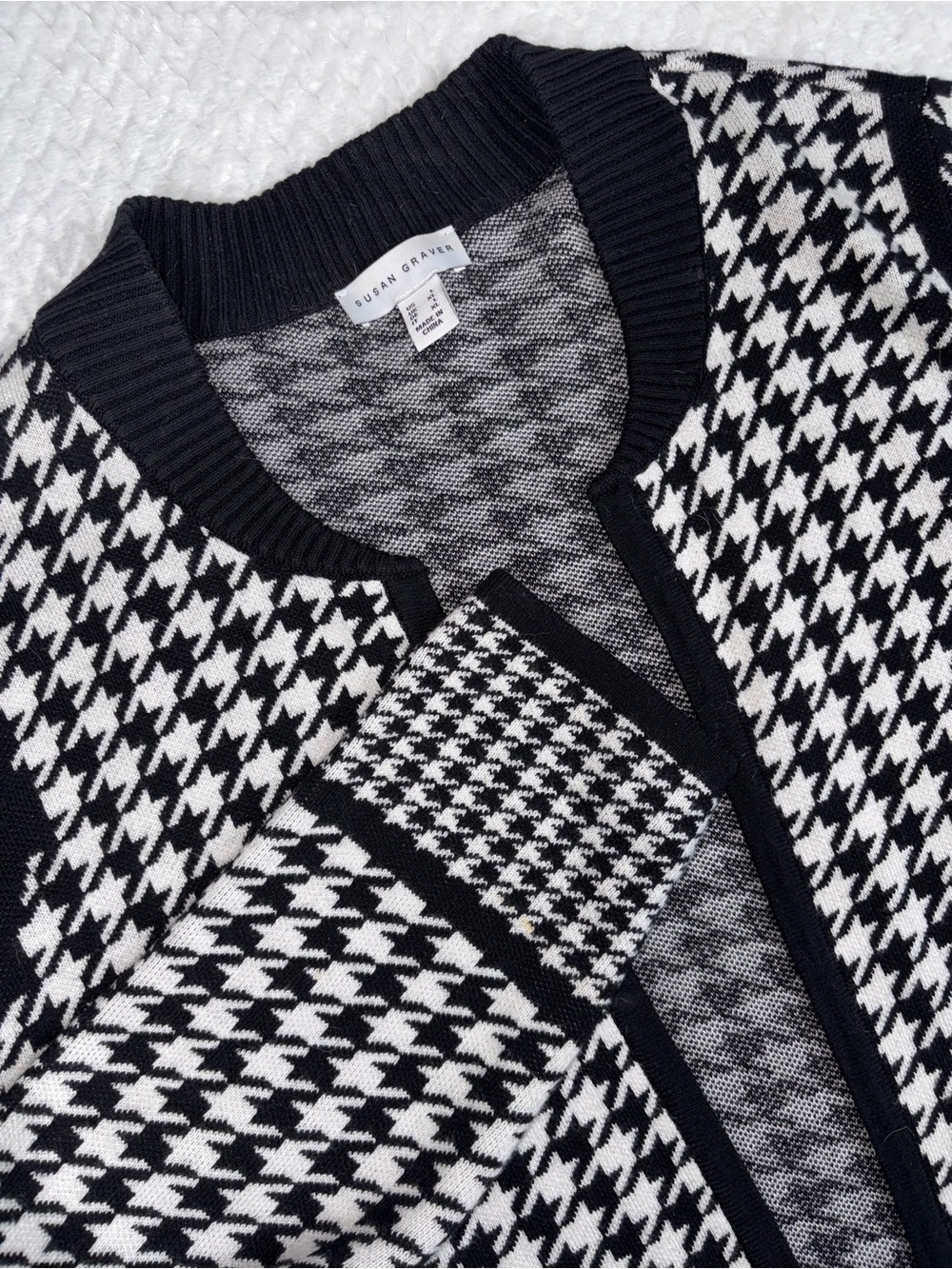 Susan Graver Black And White Houndstooth Open Front Cardigan Size Large